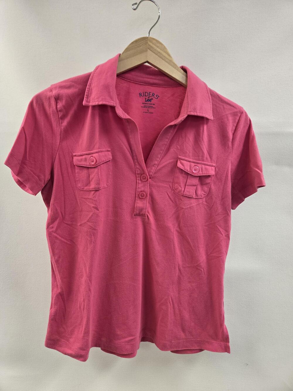 Riders by Lee Polo Shirt Womens Large Pink Short Sleeve Double Pocket Collared